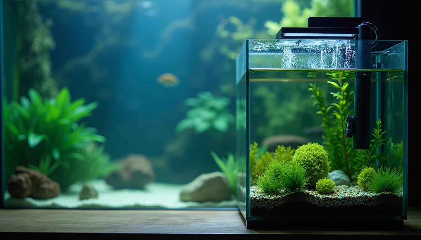 Close-up view of a modern aquarium filter system inside a fish tank