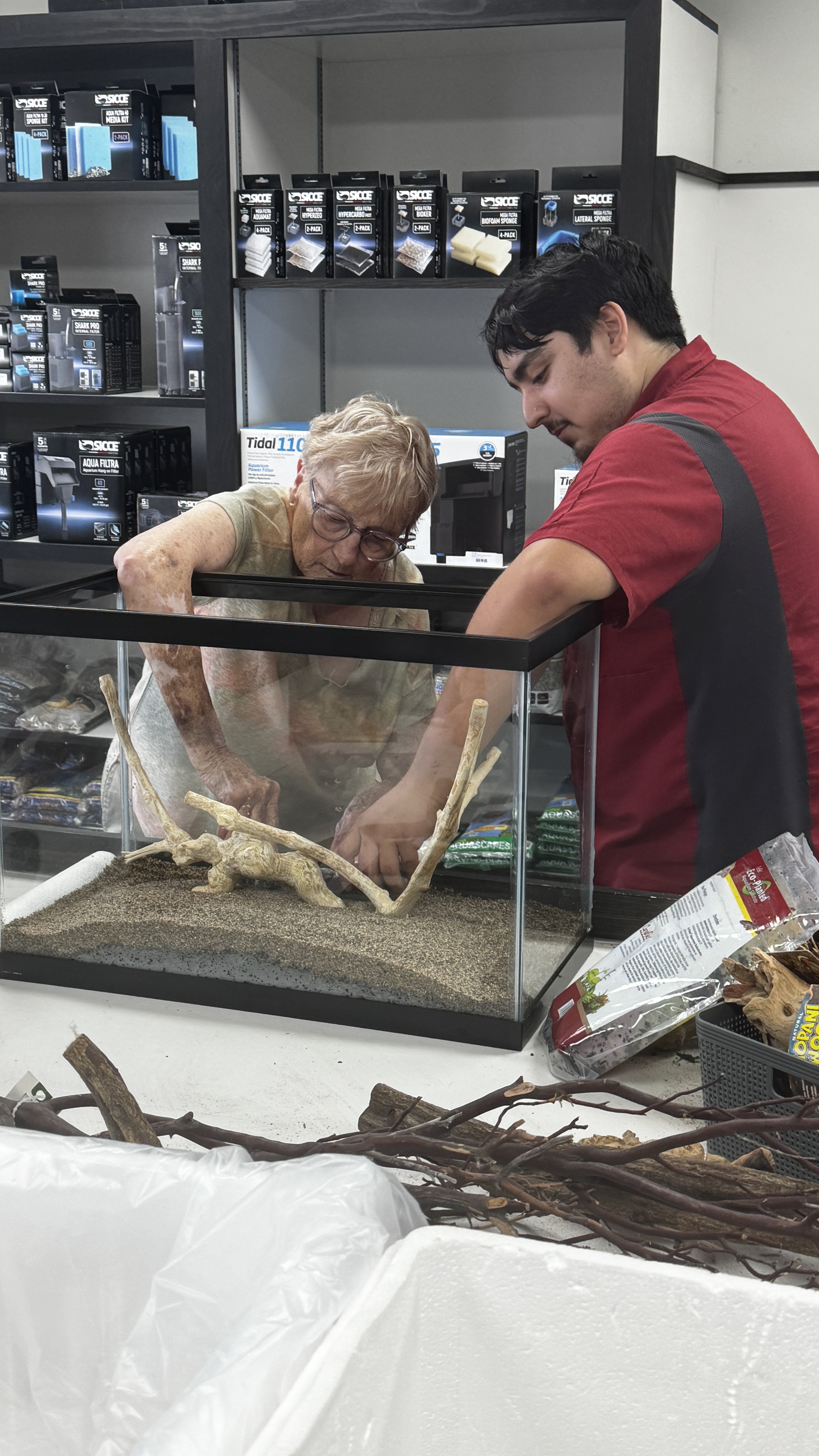 Fins For Grins staff member helping a customer place driftwood in a new freshwater aquarium setup.