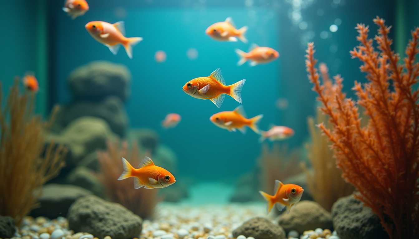 Eye-level view of a colorful freshwater aquarium with various fish swimming