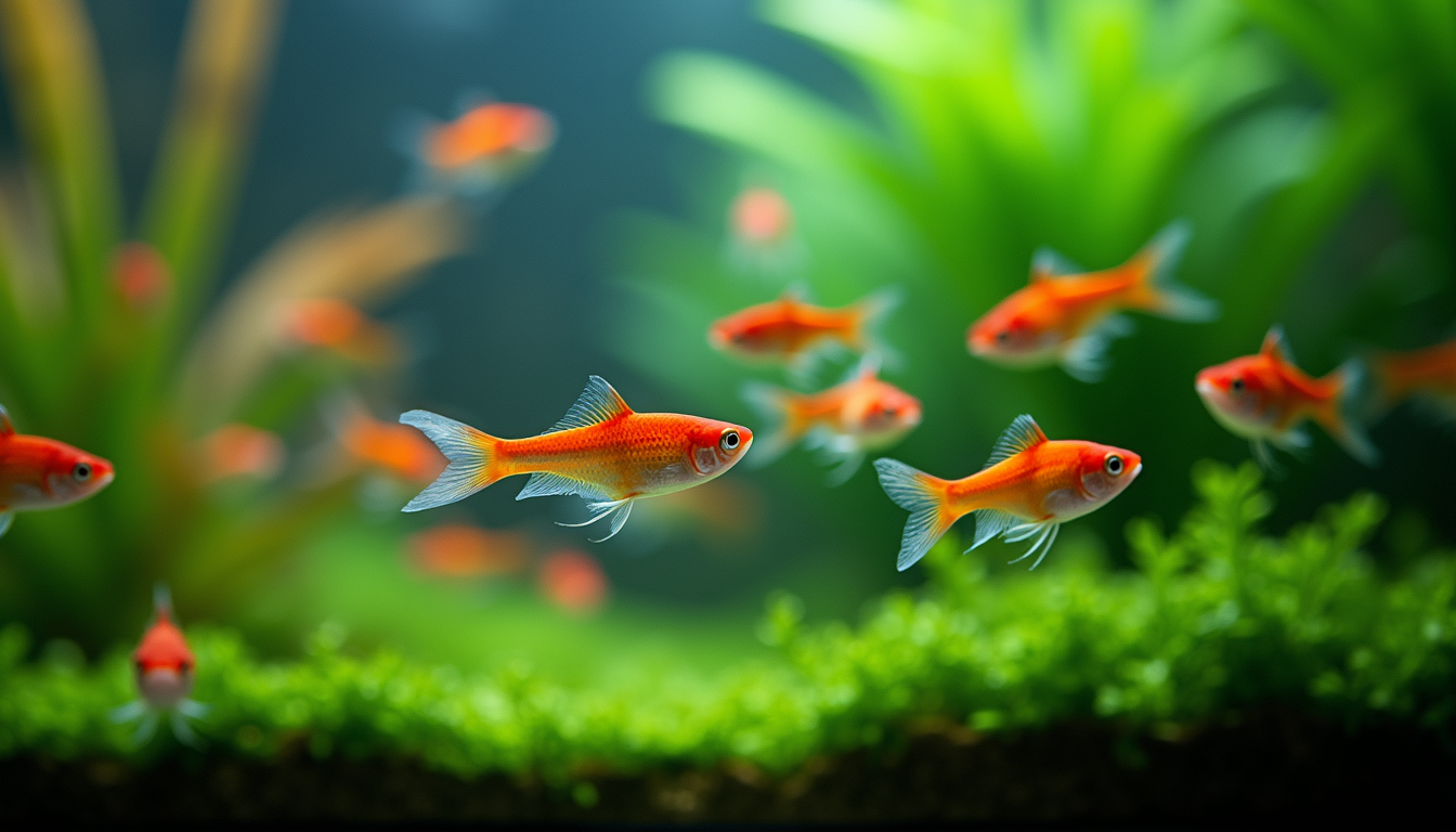 Close-up view of a school of neon tetras swimming in a planted tank