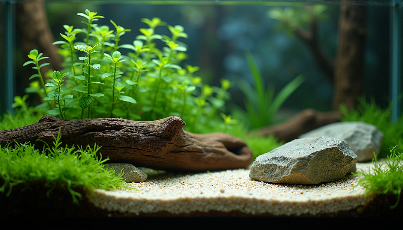 High angle view of a well-planted freshwater aquarium with driftwood and rocks