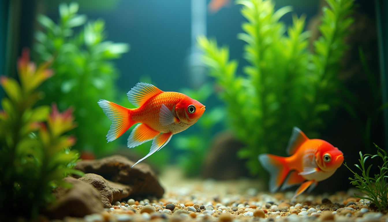 Eye-level view of a medium-sized freshwater aquarium with colorful fish and plants