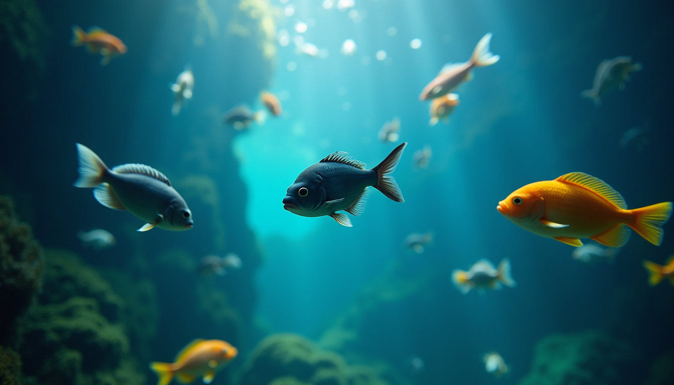 Close-up view of a large aquarium with various fish swimming actively