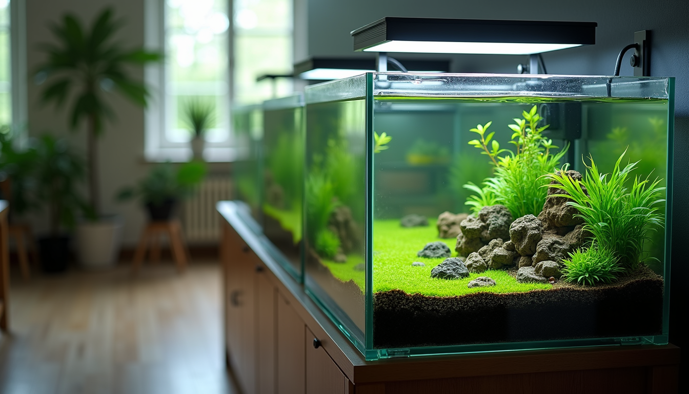 High angle view of a newly set up modern fish tank with plants and decorations