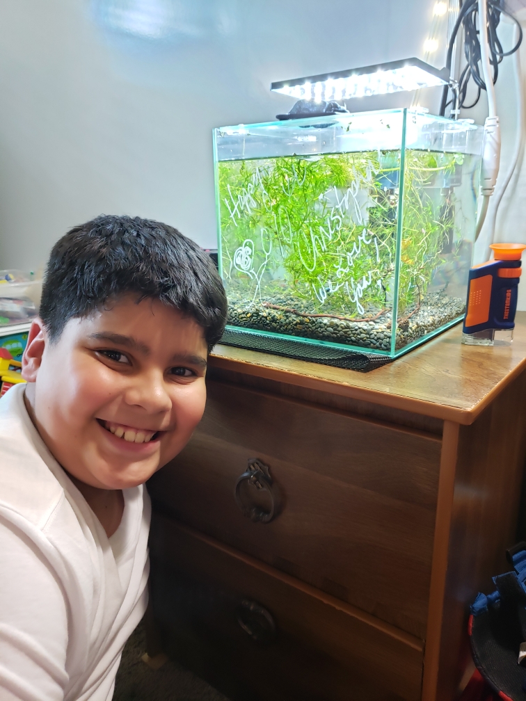 a young man with his first aquarium