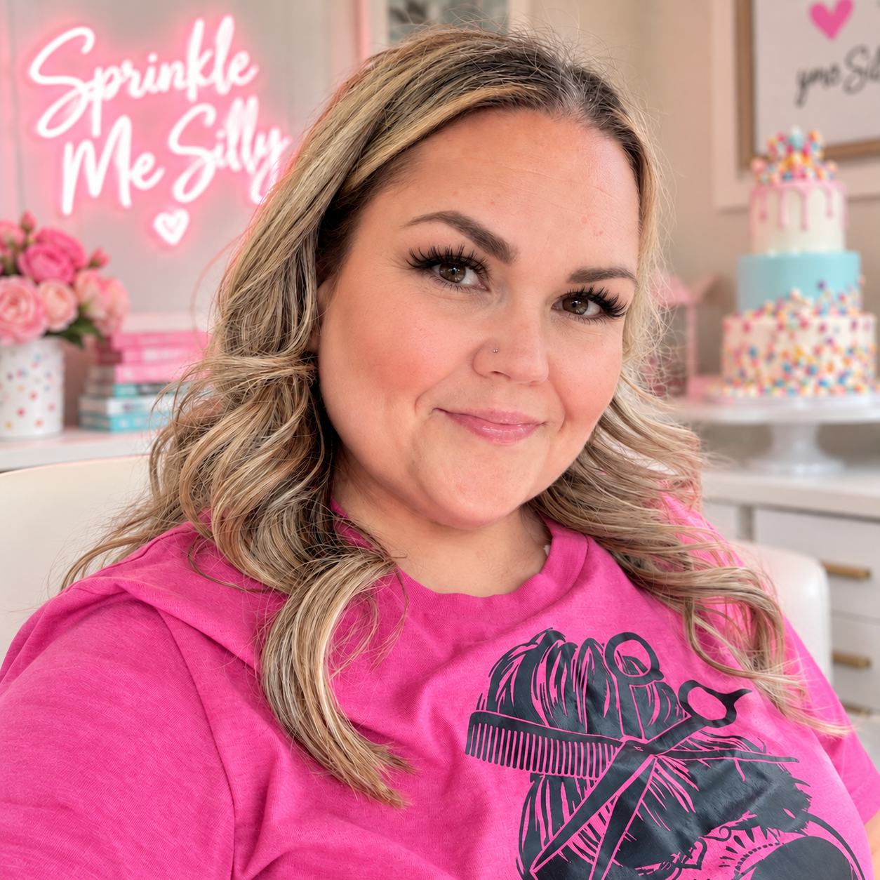 Heather smiling in a cheerful pastel cake studio
