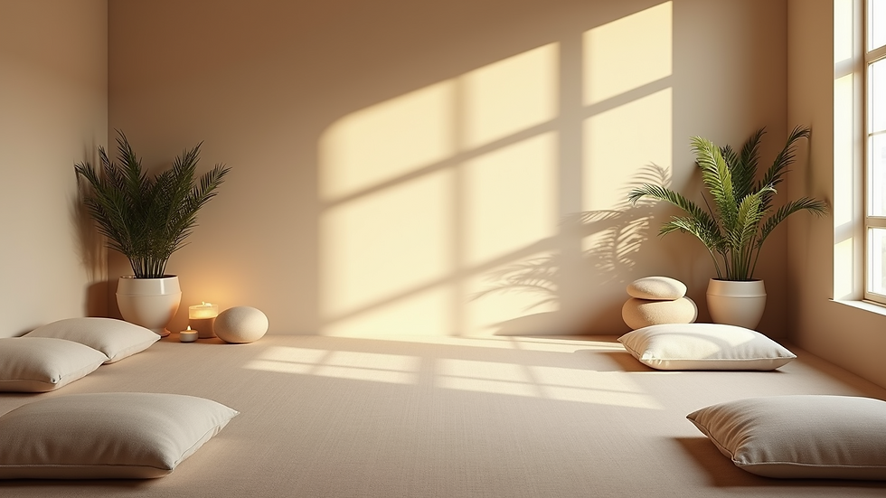 High angle view of a calm meditation space with cushions and soft natural light