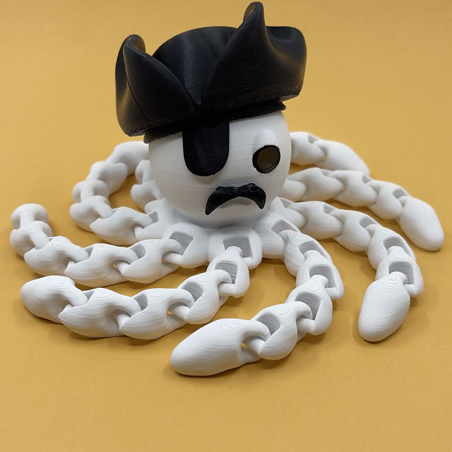 3D printed octopus figurine with pirate theme – eyepatch, hat, and webcam feature