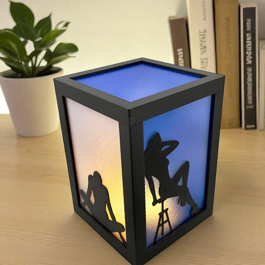 Artistic silhouette table lamp with LED light, home décor on wooden desk with books and plant.