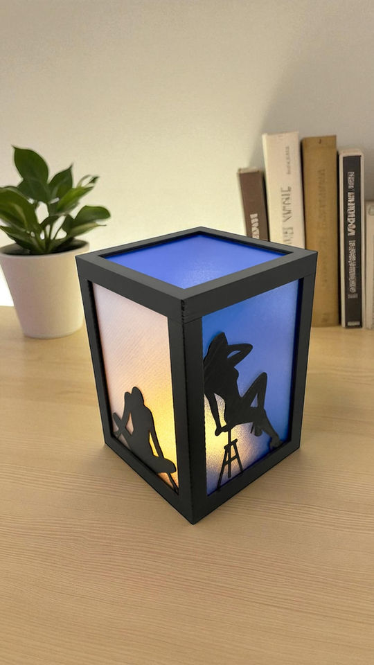 Artistic silhouette table lamp with LED light, home décor on wooden desk with books and plant.