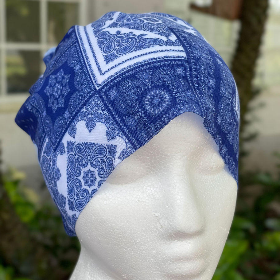 Stylish blue bandana worn as a headband for casual fashion