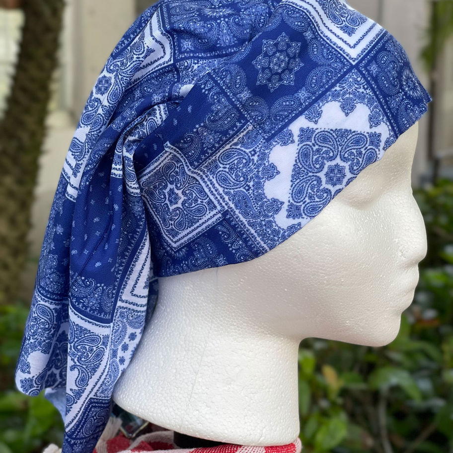 Stylish blue bandana worn as a headband for casual fashion