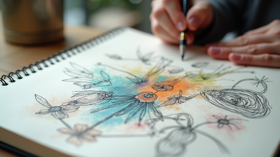 Close-up view of a sketchbook filled with colorful drawings