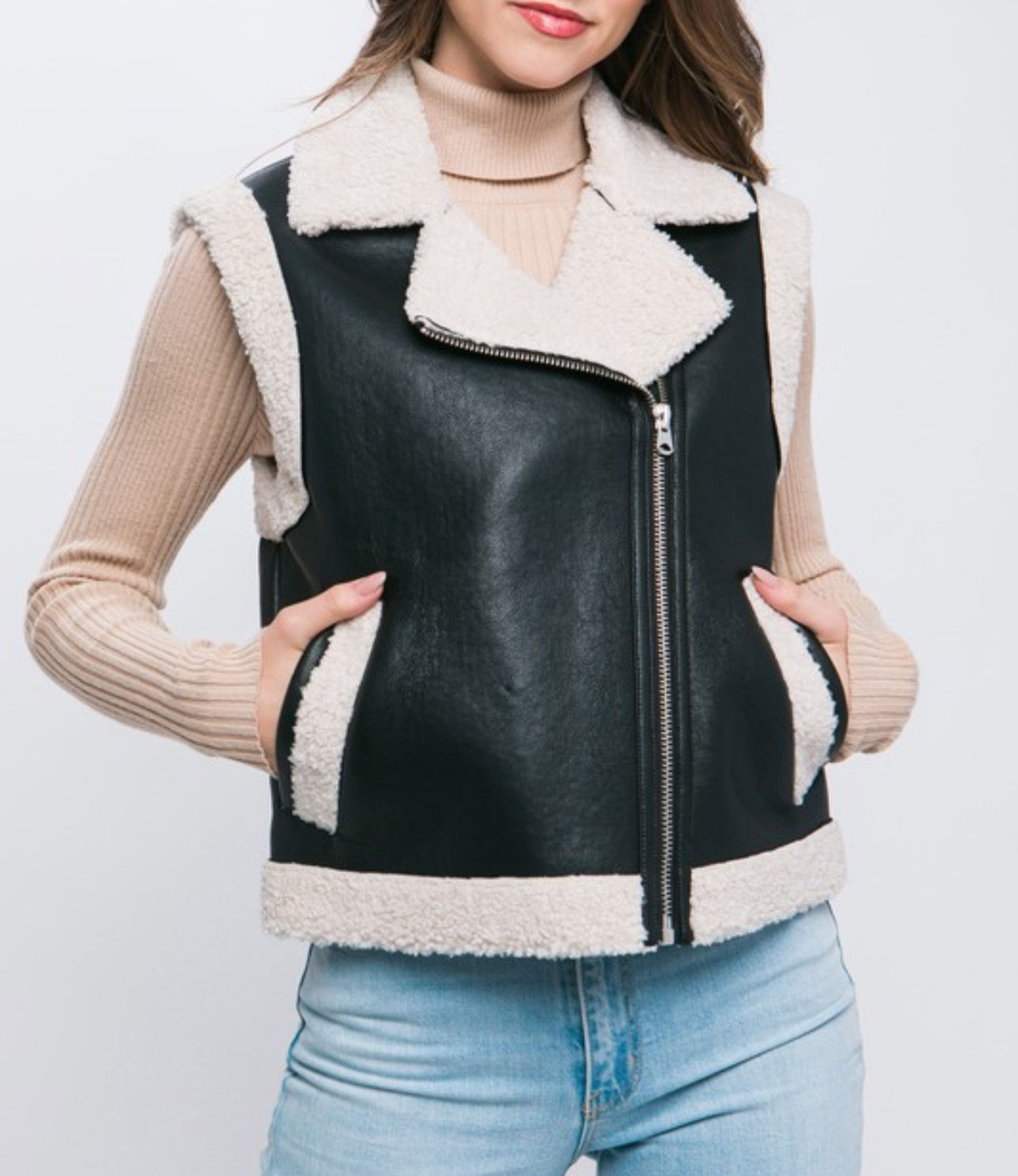 Faux Leather Sherpa Trim Vest