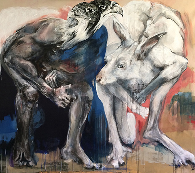 tableau de Danielle Burgart représentant un kangourou blanc avec un homme à tête de rapace