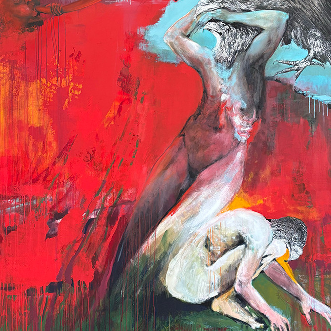 Peinture de l'artiste Danielle Burgart représentant la première trompette de l'Apocalypse: une pluie de feu et de grêle
