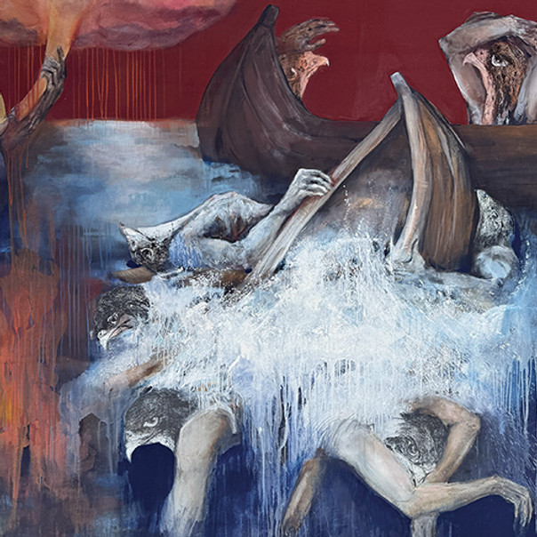 Peinture de l'artiste Danielle Burgart représentant la deuxième trompette de l'Apocalypse inspirée de la Tapisserie de l'Apocalypse d'Angers  : un naufrage
