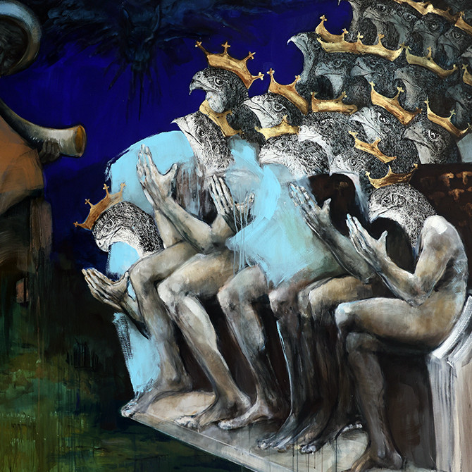 Peinture de l'artiste Danielle Burgart représentant la septième trompette de l'Apocalypse inspirée de la Tapisserie de l'Apocalypse d'Angers : l'annonce de la victoire