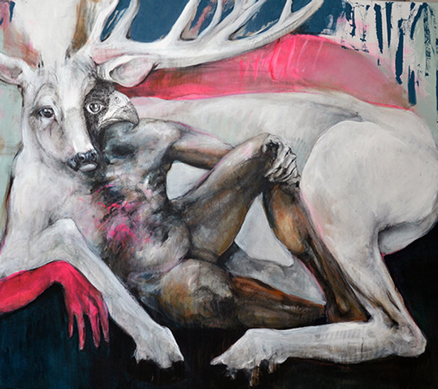 tableau de Danielle Burgart représentant un cerf blanc avec un homme à tête de rapace