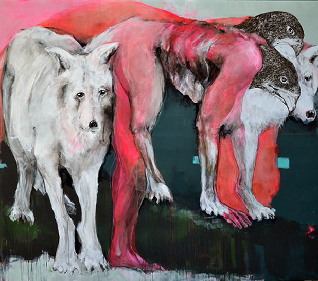 tableau de Danielle Burgart représentant des loups blancs avec un homme à tête de rapace