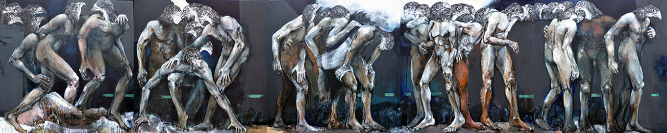 ensemble de 5 tableaux de l'artiste peintre Danielle Burgart représentant des hommes à têtes de rapaces marchants sur des chemins d'exil.