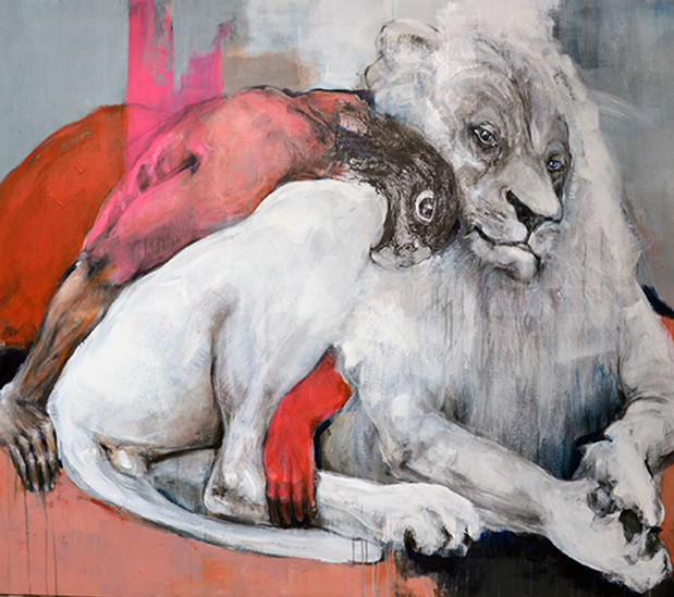 tableau de Danielle Burgart représentant un lion blanc avec un homme à tête de rapace