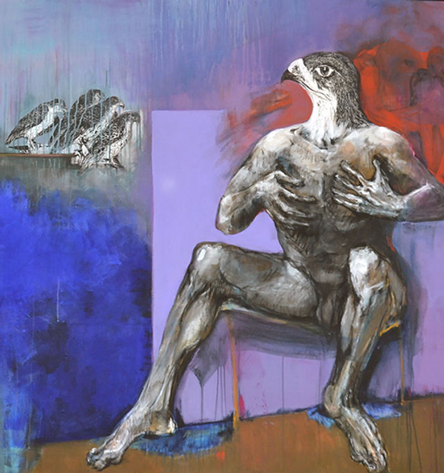 un tableau de l'artiste peintre Danielle Burgart représentant un homme à tête d'oiseau intitulé le récit