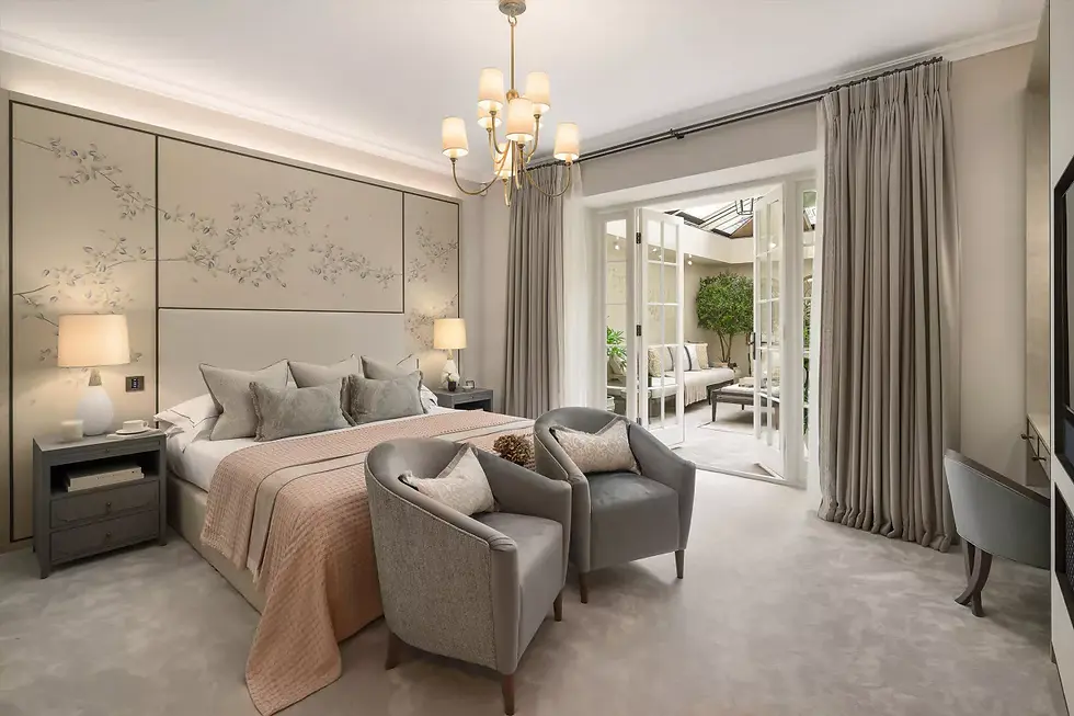 In the principal bedroom, our made-to-order abstract wall art added gentle texture and layered movement, perfectly complementing the soft neutral palette and embroidered headboard of this luxury Chelsea residence.