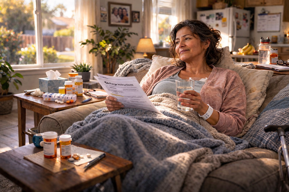 Recovery and Care: A patient, recently discharged from the hospital, is supported in a comfortable home setting with compassionate company and essential medications at hand.