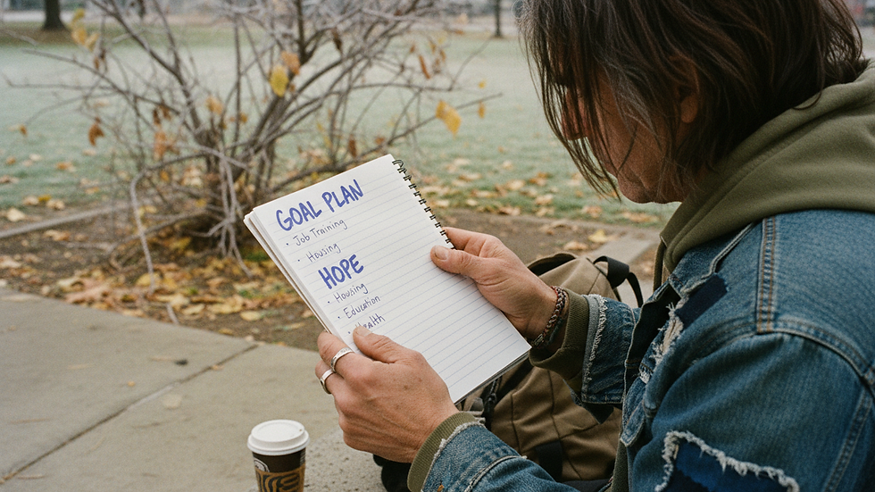 Close-up view of hands holding a notebook with a written goal plan