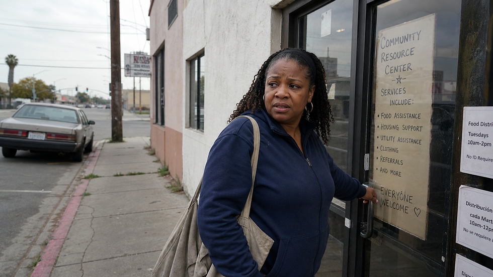 Black woman in a dark blue jacket pausing at the entrance of a community resource center in Modesto, hand reaching toward the door handle, expression showing hesitation and hope before asking for help