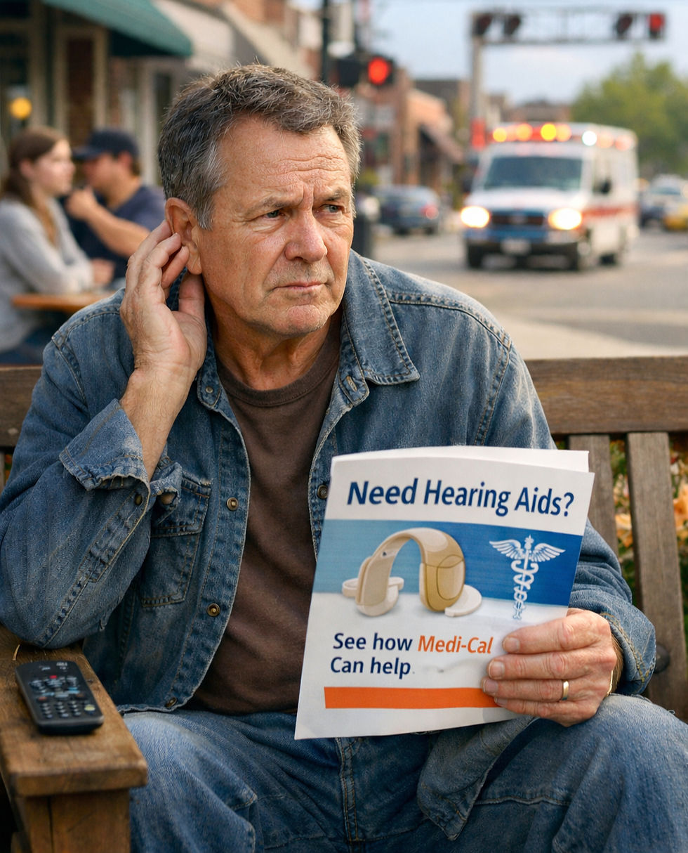 A man sits at a lively outdoor café, absorbed in a brochure about hearing aids. Despite the bustling atmosphere, he cannot hear the distant ambulance or passing train, underscoring his struggle with hearing loss.