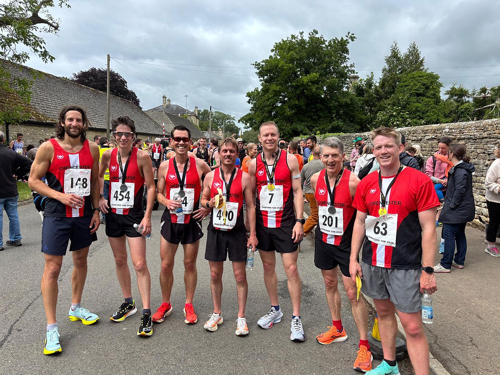 L-R R Forbes, J Thomas, D Bell, A Willis, R Allen, B Harris, L Campbell, Fairford 10k 2026