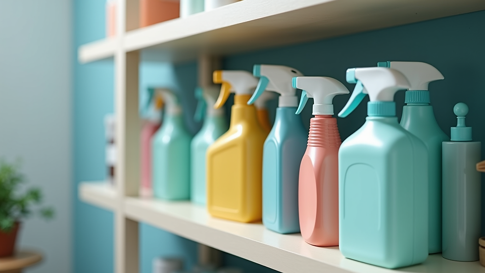 Close-up view of cleaning supplies arranged neatly on a shelf