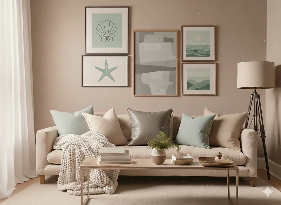 Imagen de un cómodo sofá beige lleno de cojines a juego con los tonos de las láminas de encima. Composicion y home Staging estudiado para transmitir calma y comodidad