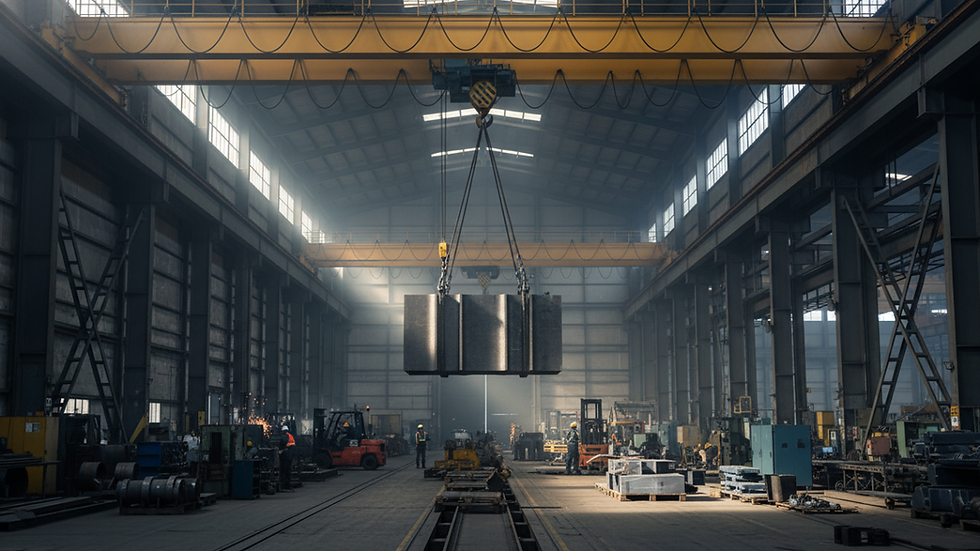 Material berat diangkat oleh crane hoist di fasilitas produksi besar