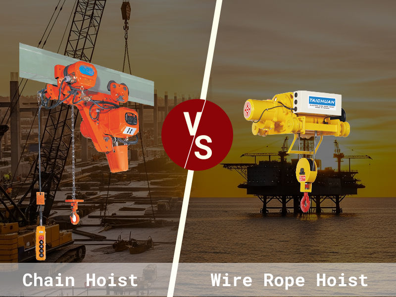 Perbandingan visual antara electric chain hoist berwarna oranye yang terpasang pada balok I di lokasi konstruksi, dengan wire rope hoist kuning yang tergantung di atas platform lepas pantai, dengan latar belakang industri.