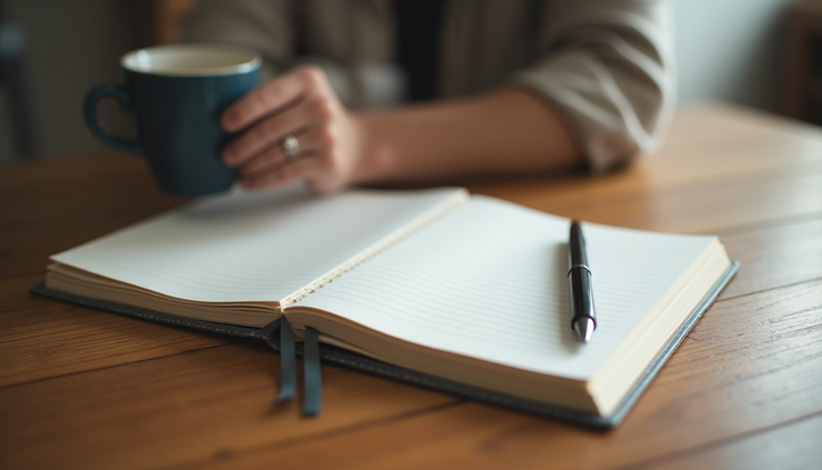Close-up view of a journal and pen on a wooden table, symbolizing reflection and planning