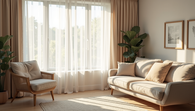 Eye-level view of a calm living room with soft natural light and a cozy chair