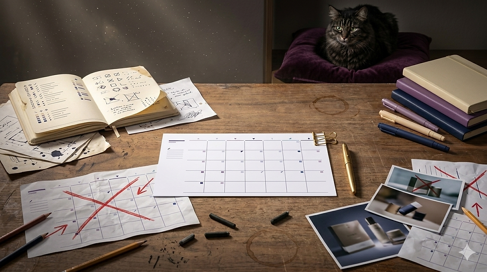 "Bureau créatif en désordre organisé : carnets de croquis, calendrier raturé, photos barrées, chat noir sur son coussin violet — la vraie vie derrière les contenus publiés"