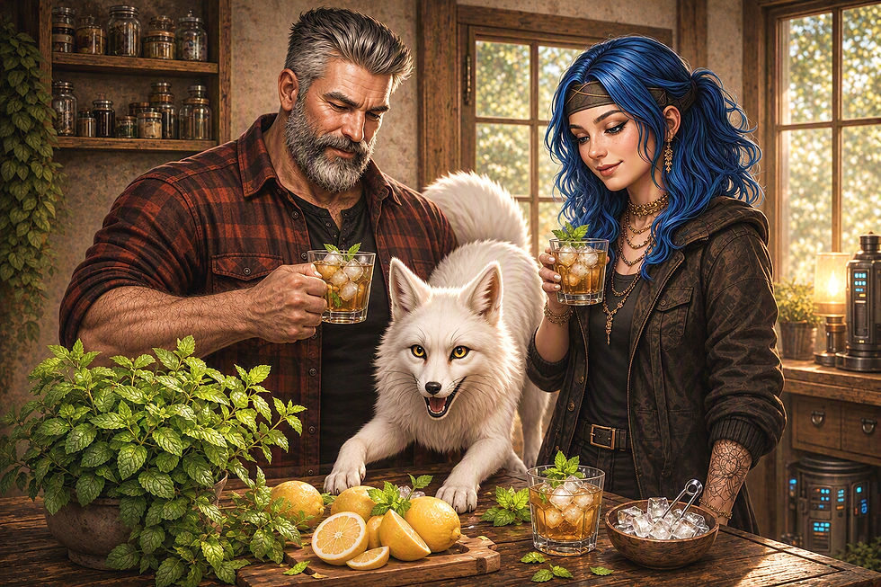 Bjorn Embercroft enlaçant sa fille Lyra aux cheveux bleus dans l'entrée du Cabanon des Bruyères-les-Loups. Vargr le loup noir veille au premier plan, Neva la panthère des neiges visible dans le jardin baigné de lumière dorée. Moment de tendresse père-fille.