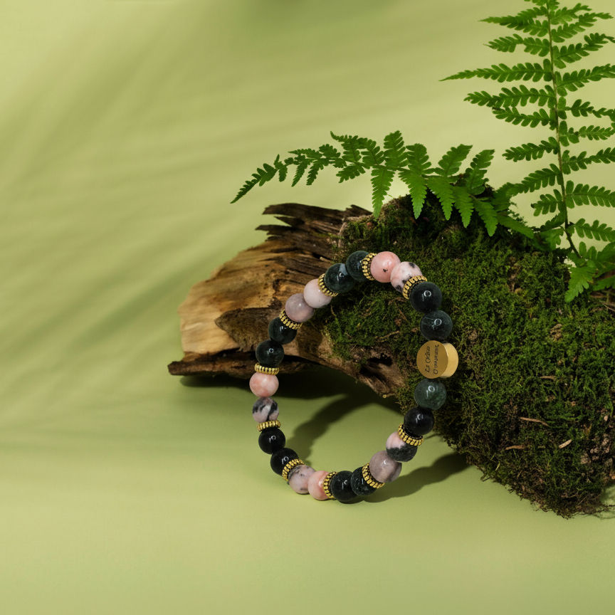 Bracelet en jaspe rose zébra et agate mousse foncée – bijou énergétique pour équilibre émotionnel
