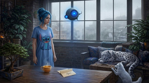 Lyra encore en robe de nuit dans son loft