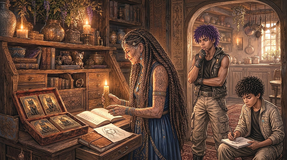 Basira tient le saphir bleu nuit dans sa paume, le lapis-lazuli et le bouquet de vigne rousse posés sur le tissu ardoise