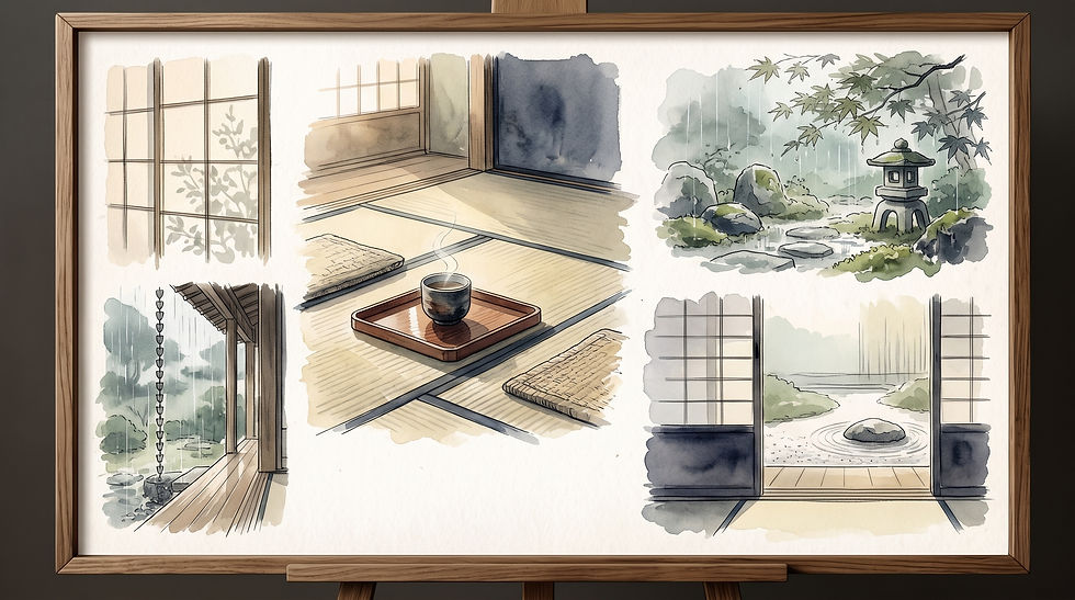 Aquarelle Japandi : intérieur japonais épuré, thé fumant sur un plateau en bois, fenêtres shoji et jardin zen sous la pluie