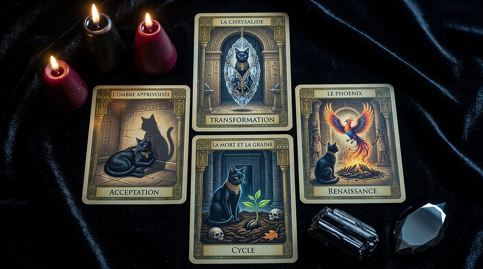 Les quatre cartes de la transformation disposées sur le velours noir, entre la tourmaline noire et l'obsidienne-miroir