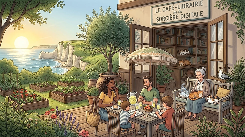 "La Sorcière Digitale assise sur le balcon de son Café-Librairie face aux falaises de Normandie, tenant un café fumant, entourée de plantes et de livres. Cheveux bleus, ambiance printanière et sereine."