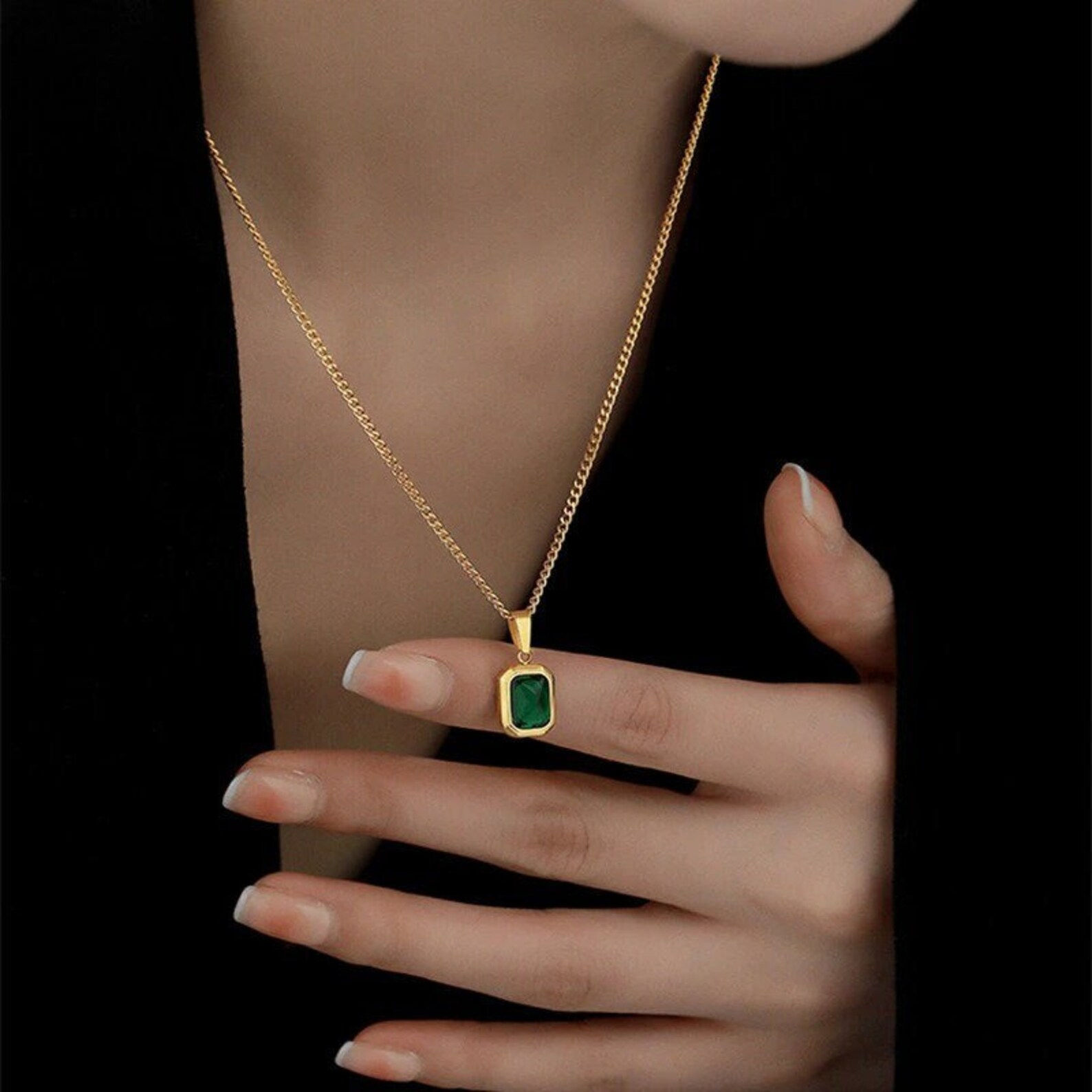 18K Gold Plated Emerald Necklace with Rectangular Pendant, Eden