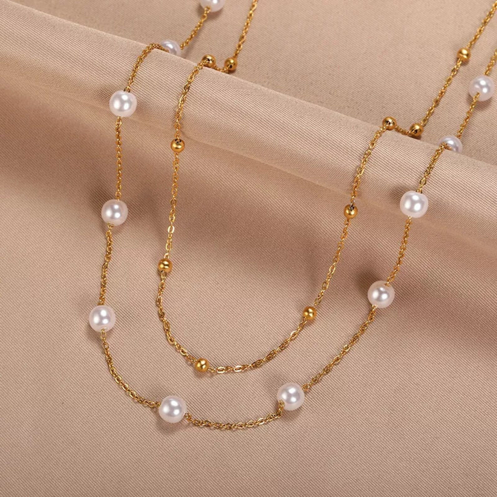 18K Gold Plated Layered Pearl Necklace, Isabella