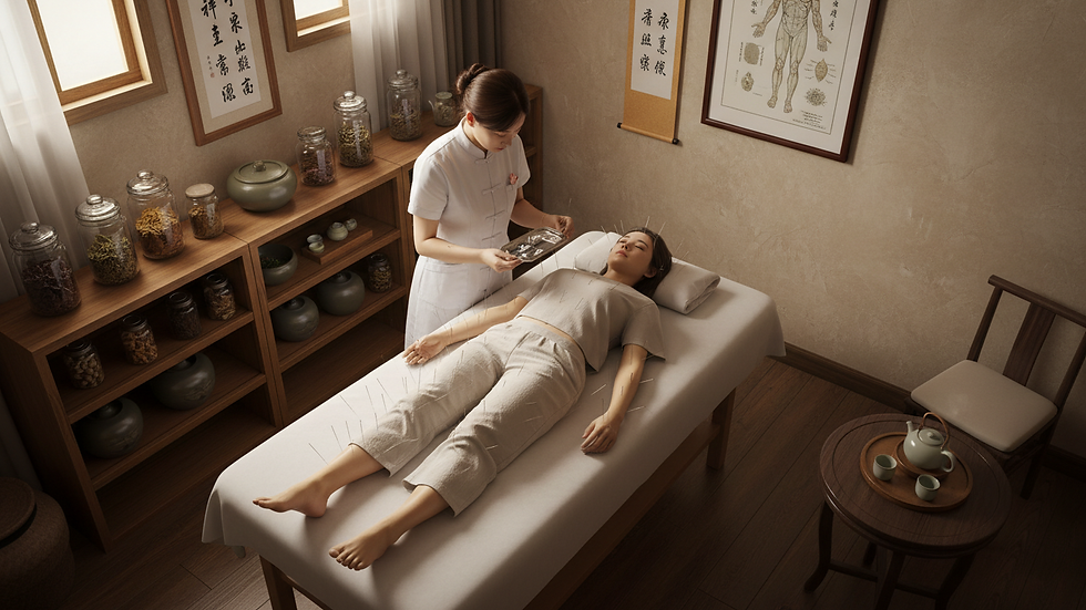 Vue en plongée d'une salle de consultation d'acupuncture avec un patient allongé